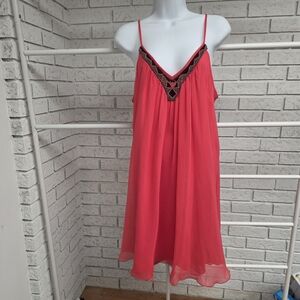 Express Coral Chiffon Dress Beaded Neck Sleeveless Shift Size L